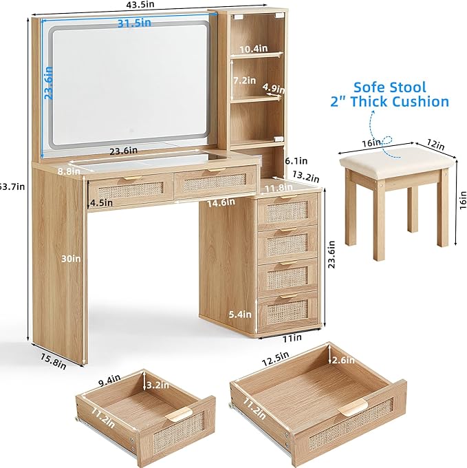 LEYAOYAO Vanity Desk with Mirror and Lights, 43.5'' Makeup Vanity Set with Stool 6 Drawers and Adjustable Shelves, Rattan Wood Make Up Vanity Dressing Table with Glass Top and Power Outlet for Bedroom