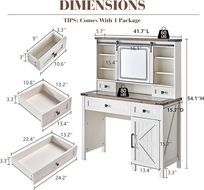 42'' Farmhouse Makeup Vanity Desk with Sliding Mirror and Lights, Glass Tabletop Vanity Table with Barn Door, 4 Drawers & Hidden Shelves, Rustic Big Vanity Women Dressing Table, Antique White