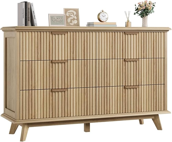 QUW Fluted Dresser for Bedroom with 6 Drawers, 47.2" Wide Modern Chest of Drawers with Metal Handle, Wooden Dresser TV Stand and Closet Clothes Storage Organizer for Living Room, Hallway, Natural Oak