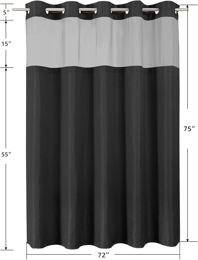 Colorful Star No Hook Waffle Shower Curtain with Snap in Fabric, Waterproof Shower Curtains with See Through Top Window, Hotel Luxury Heavy Duty Bathroom Curtain and Liner Set, 72'' x 75'', Black