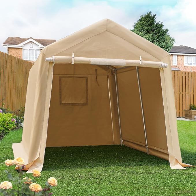 ADVANCE OUTDOOR 8x14 ft Steel Metal Peak Roof Portable Garage Shelter Storage Shed Carport for Motorcycle, Bike or Garden Tools with 2 Roll up Doors & Vents, Beige