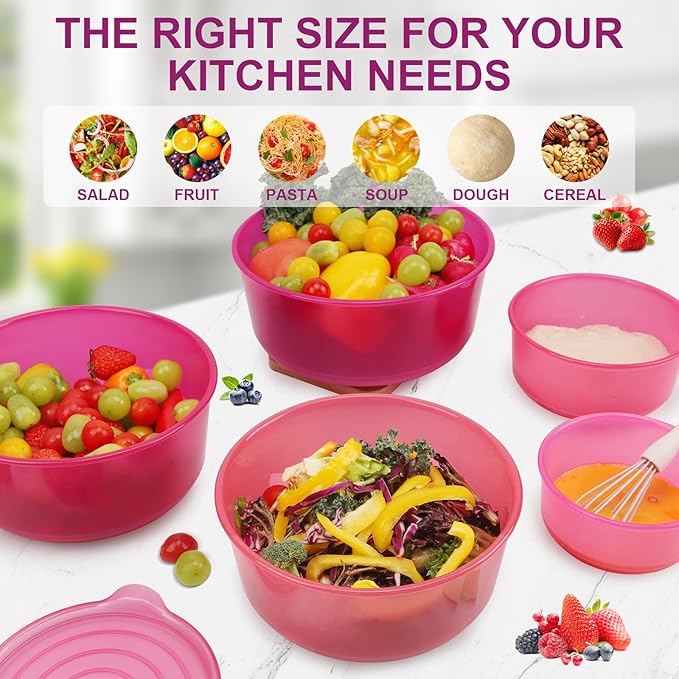 Large Plastic Mixing Bowls with Lids Set, 5PCS Stylish Ombre Pink Nesting Salad Bowls with Airtight Lids, BPA-Free Kitchen Bowls, Size 4.65, 3.7, 2.75, 1.43, 0.74QT, Great for Mixing & Serving