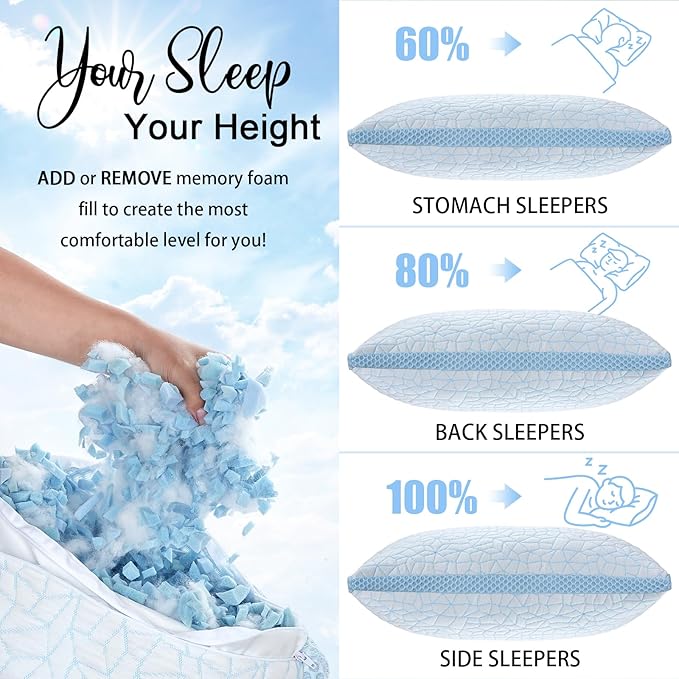 Shredded Memory Foam Pillow, Bed Pillows for Sleeping on Back, Stomach and Side Sleeper, Adjustable Pillows Queen Size with Washable Cover (Queen - 2 Packs)