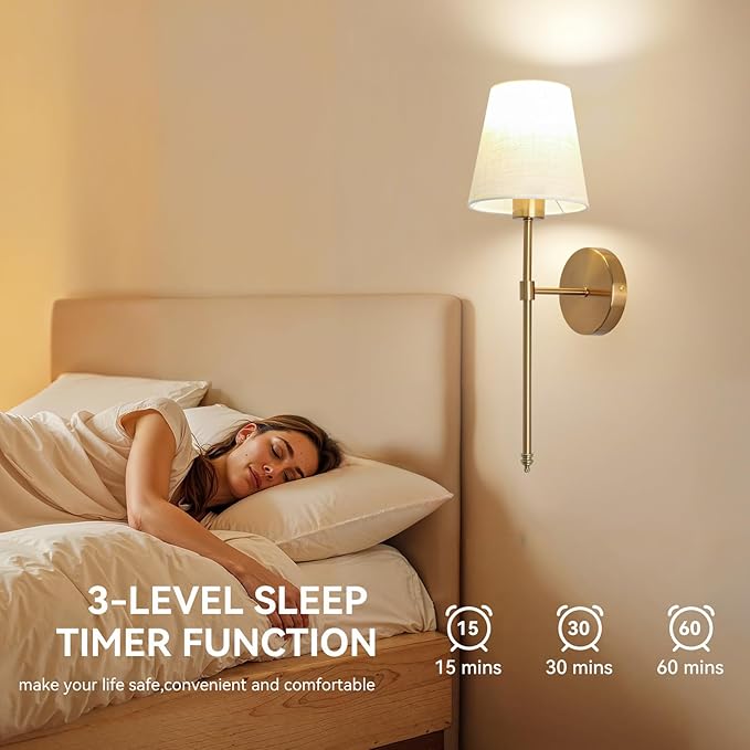 Battery Operated Wall Sconce Set of 2, Gold Rechargeable Wall Lights with Remote Control, Dimmable Wall Sconce Lighting with Fabric Shade, Wireless Wall Lamps for Living Room Hallway