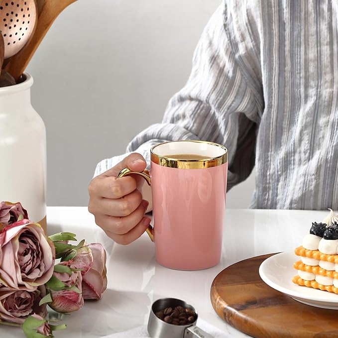 Coffee Mugs,12OZ Ceramic Coffee Mugs Set of 6,Cups with Large Handles for Men Women, Porcelain Big Mug for Tea Latte, Housewarming Wedding Gifts(pink and gold)