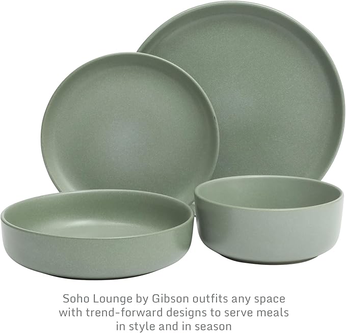 Gibson Elite Pasco 16 Piece (Service for 4) Plates and Bowls Double Bowl Reactive Glaze Dishes Stoneware Ceramic Dinnerware Set - Green