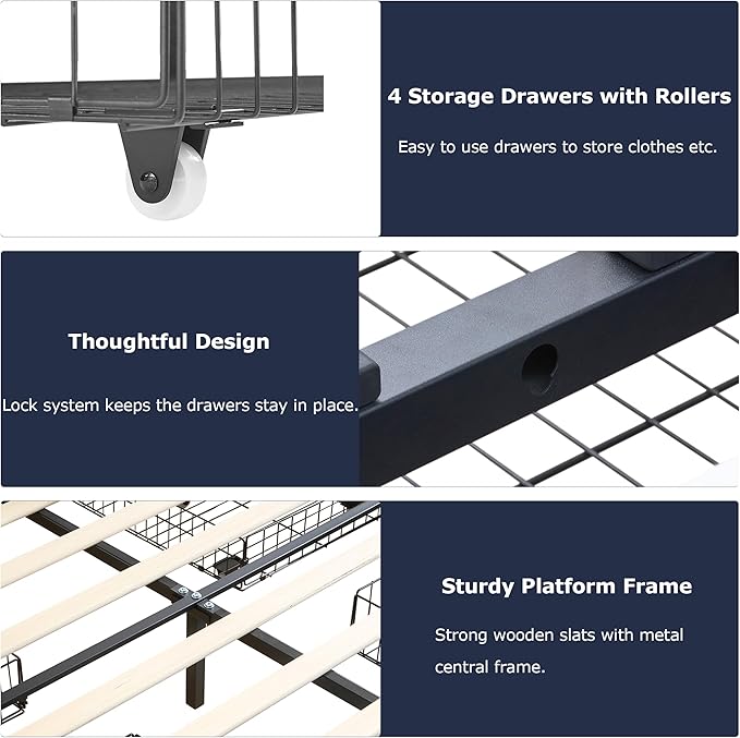 VECELO Queen Size Bed Frame with 4 Storage Drawers, Adjustable Height Headboard, Heavy-Duty Platform Bedframe with Strong Wooden Slats, No Box Spring Needed, Pale Beige