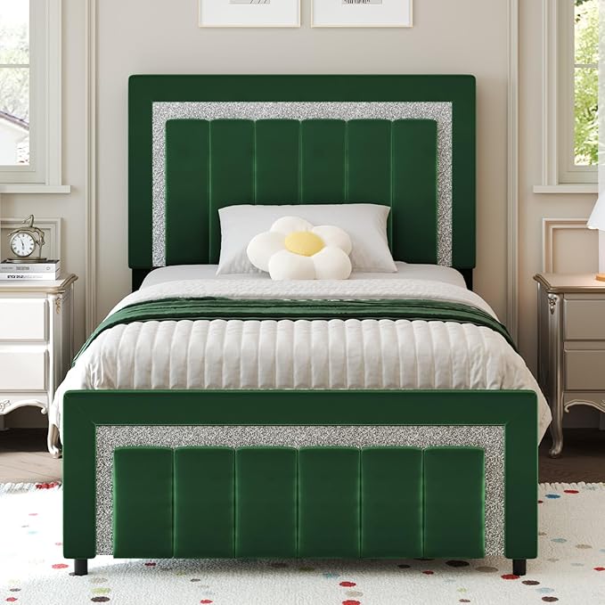 HOMBCK Twin Bed Frames, Twin Size Bed Frames with Upholstered Headboard and Footboard, Velvet Bed Frame with Wooden Salts, No Box Spring Required, Easy Assembly, Green