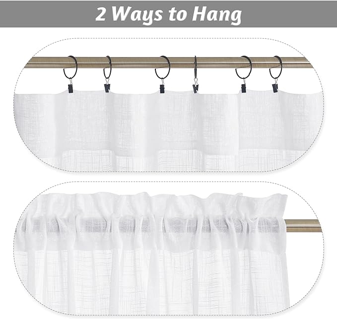 RYB HOME White Linen Curtains for Living Room Bathroom Kitchen, Rod Pocket Semi Translucent Breathable Home Decor Short Small Window Drapes, W 34 x L 45 inches, White, 2 Panels