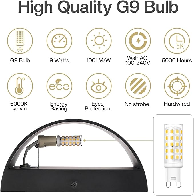 Modern LED Wall Sconces Set of Two,Cool White 6000K Hardwired Black Wall Lights Up and Down Wall Mount Light(with G9 Bulbs)