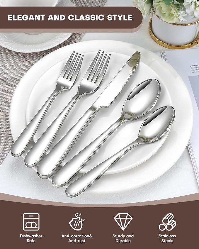 Silverware Set, Ollex 60 Pieces Heavy Duty Stainless Steel Flatware Cutlery Set for 12, Mirror Polished Tableware Eating Utensils Set Include Knife Spoon Fork Set for Kitchen, Dishwasher Safe