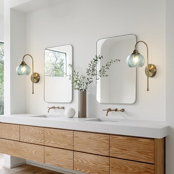 KCO Lighting Brushed Gold Wall Sconce Light Vintage Green Glass Wall Sconce Set of 2 Unique Bathroom Wall Sconces Set of Two Modern Globe Sconces Wall Lighting Stair Corner Wall Lamp