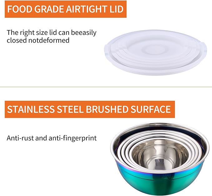 Colorul Mixing Bowls with Airtight Lids, Stainless Steel Nesting Mixing Bowls Set of 5, Ideal for Baking, Prepping and Serving Food, Size 5.5, 3.6, 2.7, 2.1, 1.5, QT, Stackable Design