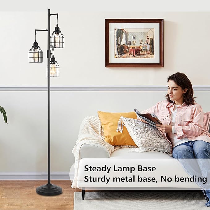 9MMML Floor Lamp for Living Room, Farmhouse Industrial Dimmable Floor lamp,3 Lights Metal Cage Tree Standing Lamp,68", 3Pcs Led Bulbs Included