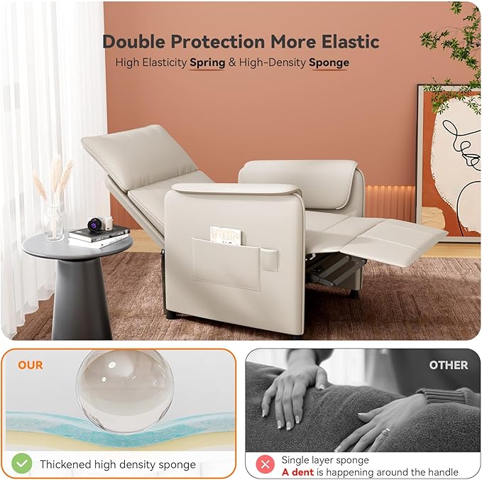 Recliner Chair，Electric Adjustable PU Leather Recliner with Remote Control and Padded Backrest,Recliner Single Sofa Seat with Thick Seat Cushion for Living Room Bedroom Home Theater (Beige)