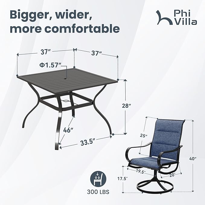 PHI VILLA 5 PCS Patio Dining Set with 4 Padded Outdoor Swivel Dining Chairs(Blue) and 37"x 37" Metal Steel Dining Table(1.57" Umbrella Hole), Outdoor Dining Table & Chairs Set for Deck Lawn Garden