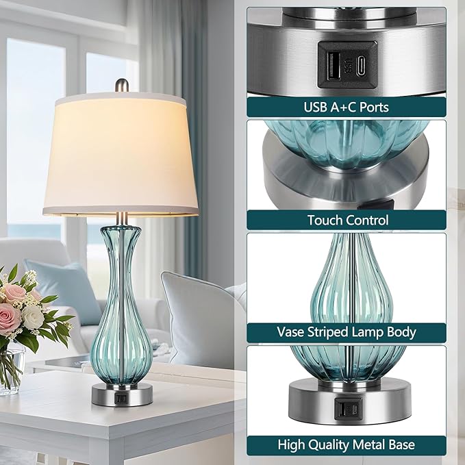 27.5" Coastal Glass Table Lamp Set of 2, 3-Way Dimmable Full Touch Control Beach Lamp with USB A+C Port, Blue Glass Nautical Bedside Lamp with White Shade for Living Room Bedroom(LED Bulbs Included)