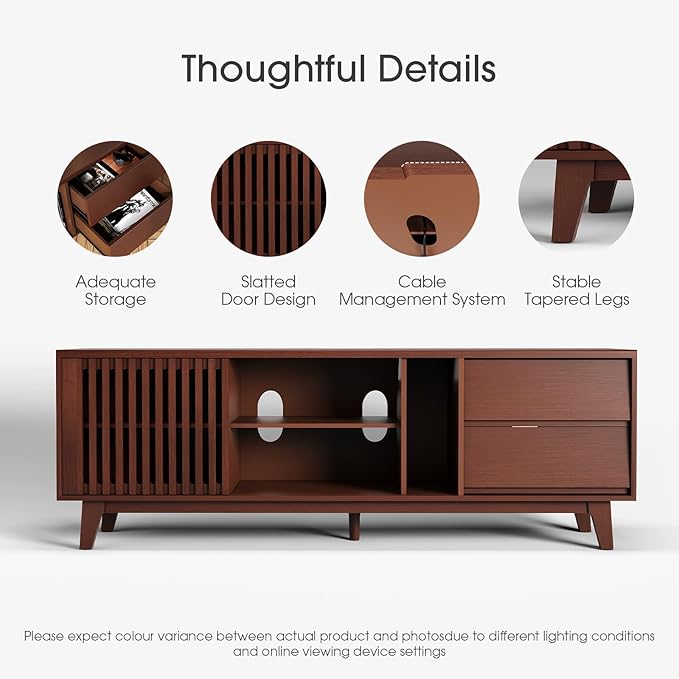 JOINCE,66" TV Stand for 60/65/75 inch tv, Mid Century Modern Entertainment Center/TV Stand and Media Console Table with Drawer and Shelf, Slatted Door TV Console for Living Room, Bedroom, Walnut