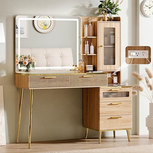Vanity Desk with 29.53" HD Lighted Mirror, 47.24" Big Modern Vanity Desk with Mirror and Lights, Makeup Vanity with 5 Drawers and Storage Shelves and Charging Station, Oak