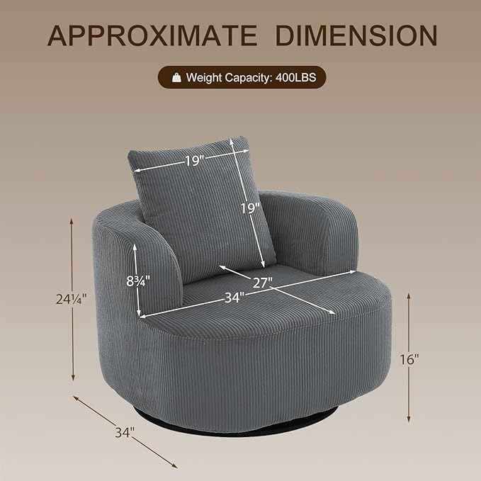Furnimart 360° Swivel Barrel Accent Chair, Round Upholstered Comfy Lounge Chair, Corduroy High-Resilienc Foam Single Sofa, No Assembly Wide Seat for Living Room, Bedroom, Apartment (Gray)