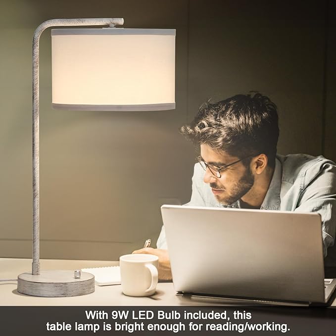 Bedside Table Lamp with USB C+A Charging Ports, Fully Stepless Dimmable Modern Farmhouse Nightstand Lamp, Tall Reading Desk Lamp for Bedroom, Living Room, Office, 9W LED Bulb Included