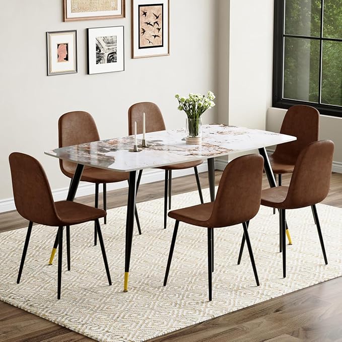 Dinner Table Set for 6, Sintered Stone Kitchen Table Top and Modern Chairs Set of 6 for Kitchen Dining Room