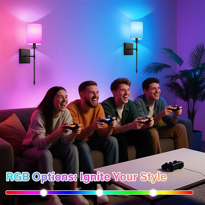 19.9 Inch Black Battery Operated Wall Sconces Set of 2, Rechargeable Wireless Wall Lights with Remote & White Fabric Shade, Indoor Not Hardwired Dimmable Wall Lamps for Living Room, 2 Bulbs Included