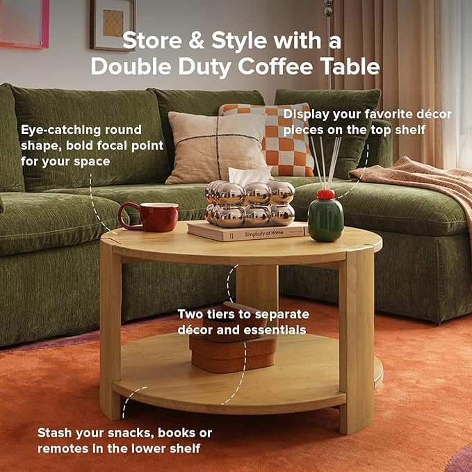 mopio Logan Solid Wood 2-Tier Round Coffee Table, Modern Farmhouse Solid Rubberwood with Light Wire Brush Rectangle Shaped Leg