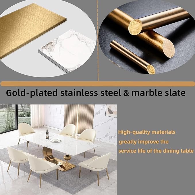 Dining Table, White Sintered Stone Tabletop Dining Room Table, Modern Striped Base Marble Tables for Dining Room Set for 6-8