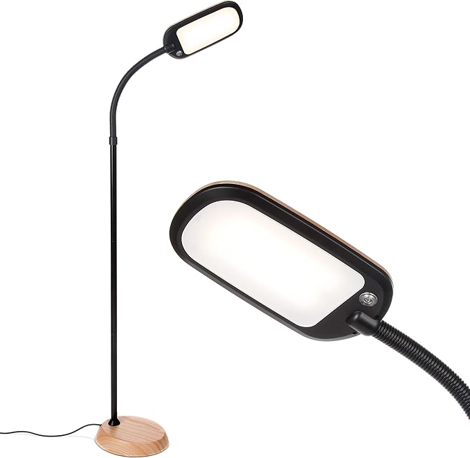 Brightech Litespan Slim LED Floor Lamp - Modern Reading Light Over Chair for Living Rooms & Offices, Tall With Adjustable Gooseneck, Crafts Work Light, Dimmable Standing for Bedroom - Wood