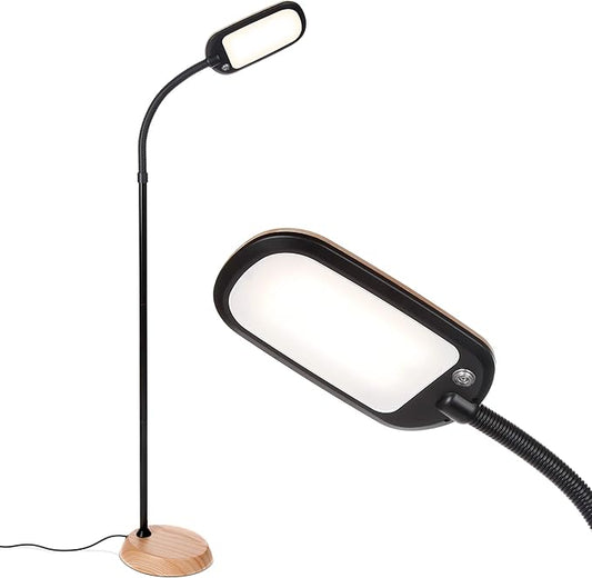 Brightech Litespan Slim LED Floor Lamp - Modern Reading Light Over Chair for Living Rooms & Offices, Tall With Adjustable Gooseneck, Crafts Work Light, Dimmable Standing for Bedroom - Wood
