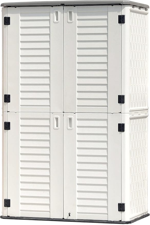 KINYING Outdoor Storage Shed Waterproof, Resin Vertical Storage Cabinet Double-Layered, Versatile to Store Patio Furniture, Garden Tools, Pool Accessories,Mower (66 Cu.ft,White)
