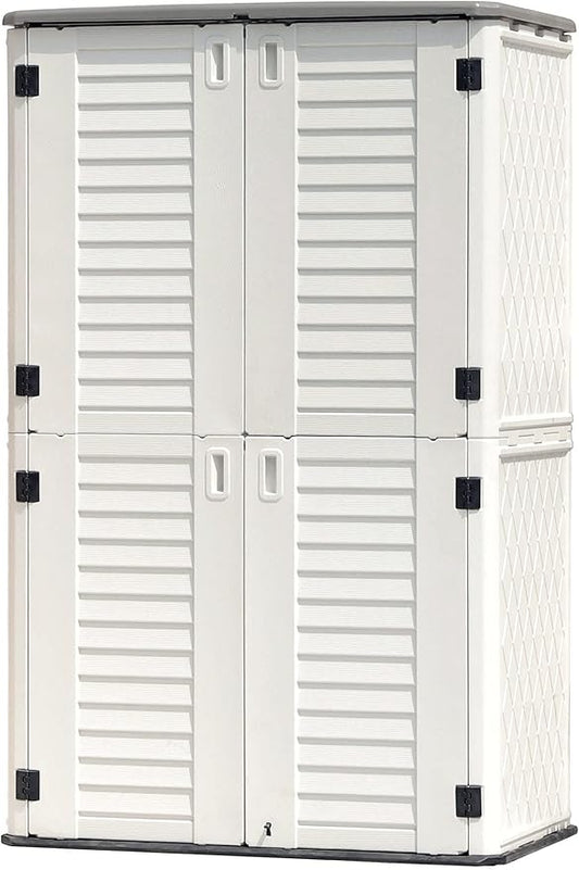 KINYING Outdoor Storage Shed Waterproof, Resin Vertical Storage Cabinet Double-Layered, Versatile to Store Patio Furniture, Garden Tools, Pool Accessories,Mower (66 Cu.ft,White)
