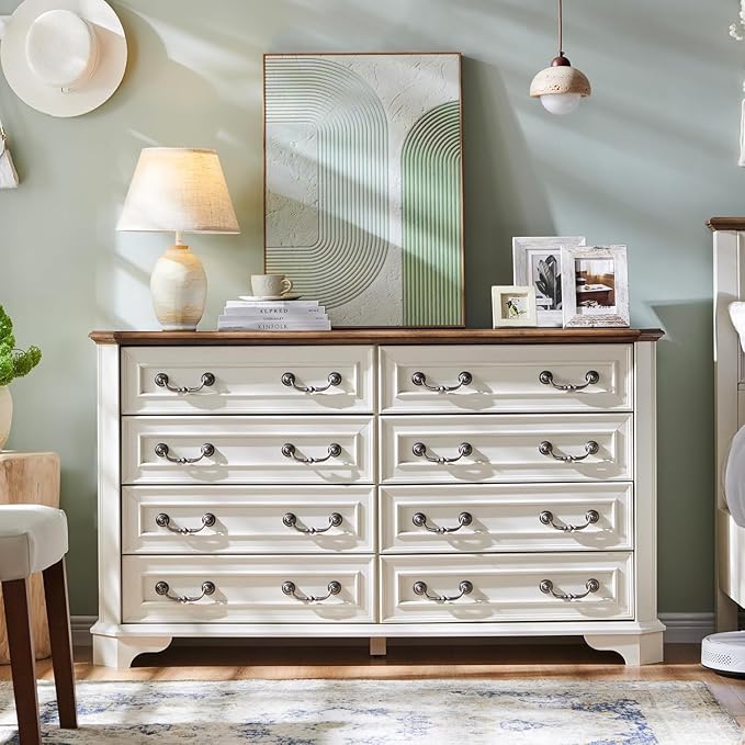 T4TREAM Farmhouse 8 Drawers Dresser for Bedroom, 54" Wide Wood Rustic Chest of Drawers with Natural Texture, Vintage Design, Storage Dressers Organizer for Bedroom, Living Room (Antique White)