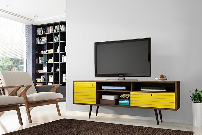 Manhattan Comfort Liberty Mid Century Modern TV Stand for Televisions up to 65 Inches, Bedroom and Living Room Entertainment Center with Storage, Shelves, and Cabinet, 71" Wide, Rustic Brown/Yellow