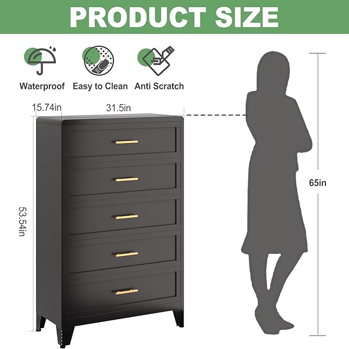 Metal Dresser Tall Black Dresser for Bedroom Chest,53.54" H White Drawer Chest, Closet Dressers & Chests of Drawers for Living Room, Hallway (5 Drawers Rounded Corners)