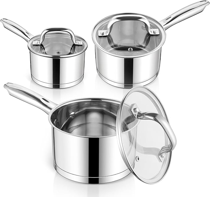 E-far Stainless Steel Saucepan with Lid Set - 1QT & 2QT &3QT, Triply Sauce Pan Induction Pot for Cooking, Boiling, Compatible with All Stoves, Visible Lid, Healthy & Non Toxic, Oven & Dishwasher Safe