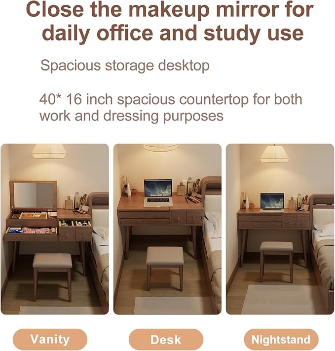 KungFuWood Wood Vanity Desk with Mirror and Lights, Dressing Vanity Table Vanity Set 3 Drawers, 32 Inch Large Make Up Vanity Table Wooden with 3 Lighting Modes (W32 inch walunt Wood)