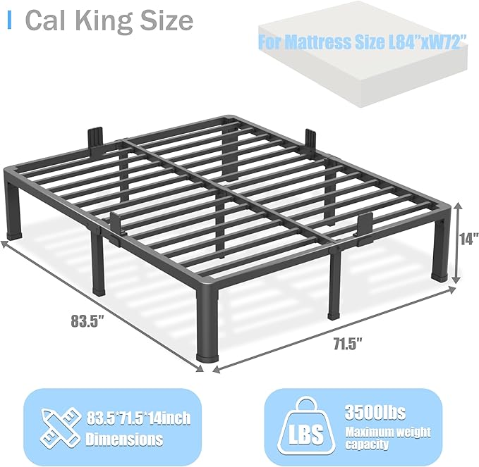 14 inch California King Bed Frame with Round Corner Legs Mattress Slide Stopper,3500 lbs Heavy Duty Metal Platform,Steel Slat Support,No Box Spring Needed,Easy Assembly,Noise Free