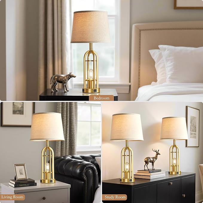 Gold Table Lamps for Living Room Set of 2 - Modern Farmhouse Bedside Lamps for Bedroom Night Stands with Nightlight and USB A+C, Industrial Lamp for Living Room End Tables