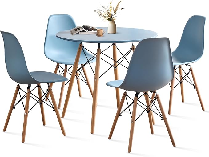 31.5'' 5 Piece Round Dining Table Set for 4, Mid-Century Modern Table with Chairs, Space Saving, Plastic Seats, Wood Legs, Circle Dinner Table for Kitchen, Home, Apartment, Blue