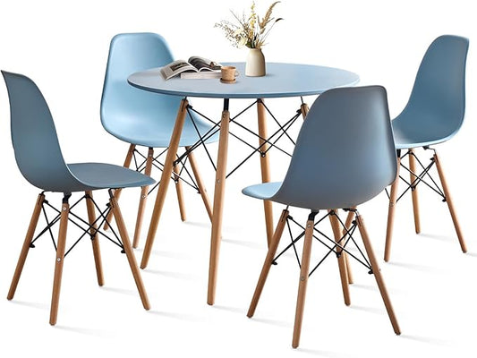 31.5'' 5 Piece Round Dining Table Set for 4, Mid-Century Modern Table with Chairs, Space Saving, Plastic Seats, Wood Legs, Circle Dinner Table for Kitchen, Home, Apartment, Blue