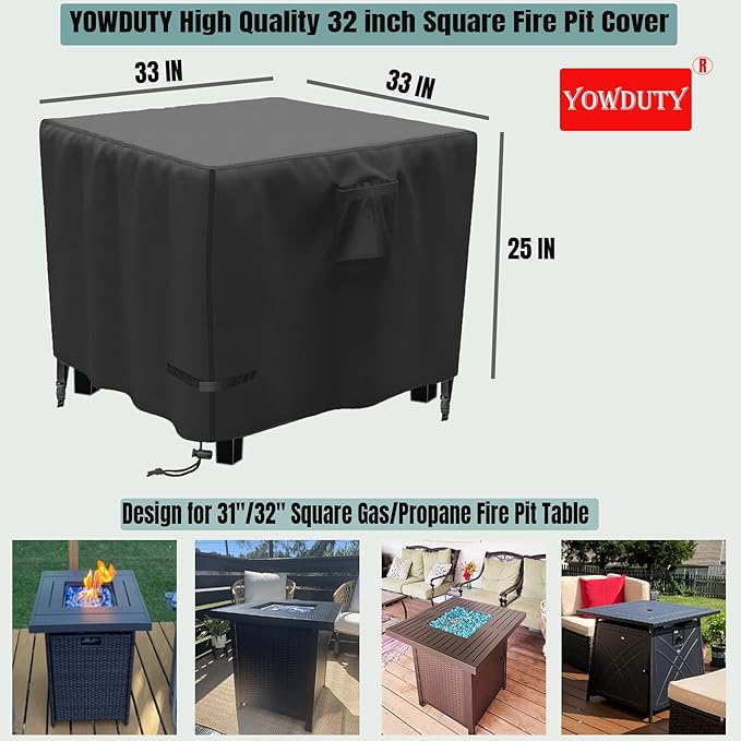 YOWDUTY Propane Fire Pit Cover Square 32 Inch, Waterproof Heavy Duty 600D Gas Fire Pit Table Cover 32 x 32 x 25 Inch, Fit 28/29/30/31/32 Inch Firepit Table, All-weather Protection For Patio