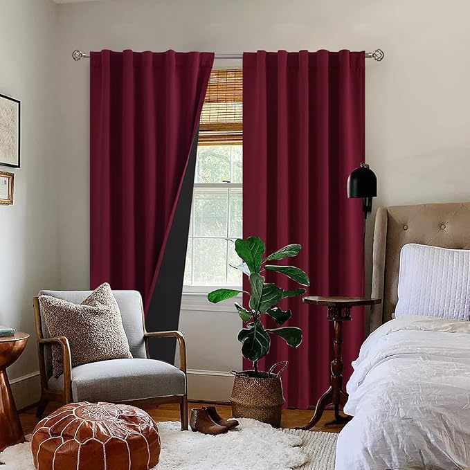 BGment Full Blackout Curtains with Heat Insulation Liner Curtains 84 Inches Long，Rod Pocket and Back Tab Double Layer Room Darkening Window Curtain for Bedroom(42 x 84 Inch, 2 Panels, Burgundy Red)