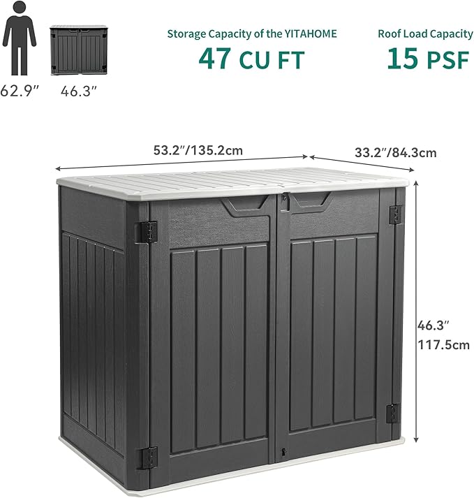 YITAHOME Extra Large Outdoor Horizontal Storage Shed, 4.5x4ft Resin Tool Sheds w/o Shelf, Easy to Assemble Waterproof Storage for Trash Cans, Garden Tools, Lawn Mower, Lockable, Dark Gray