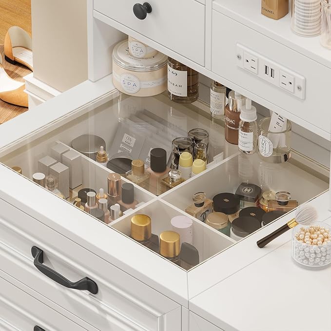 Makeup Vanity Desk with Mirror and Lights & Stool, Glass Top Vanity Table Set with Charging Station, 4 Stoarge Drawers & Double-Door Cabinet, Modern White & Black