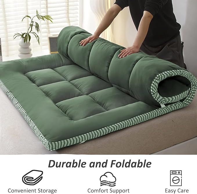 Thick Mattress Topper King Size - Non-Slip Mattress Pad Cover for Back Pain Breathable Folding Sleeping Pad Machine Washable Mattress Protector (78x80 inch,Green)