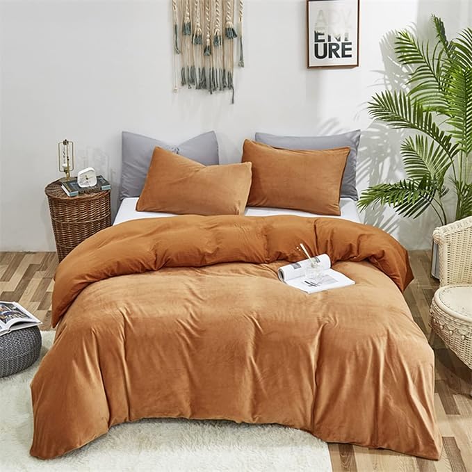 Luxlovery Pumpkin Velvet Comforter Set Twin Rust Flannel Plush Fluffy Bedding Comforter Set Terracotta Solid Color Sherpa Micromink Blanket Quilts 3 Piece Rust Brown Flannel Warm Bedding Set