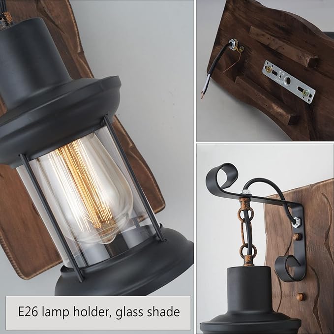 Vintage Industrial Wall Sconce, Rustic Light Fixtures Wood Metal Farmhouse Indoor Black Wall Sconce Fixture for Dining Room, Hallway, Hotel, bar, Porch Corridor Decorate