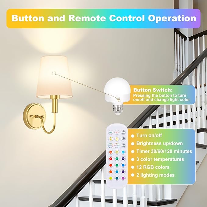 Wireless Rechargeable Wall Sconce, Battery Operated Wall Lights with Remote, Wall Lamps with Dimmable RGB LED Bulbs, No Wiring Gold Sconces Wall Decor Set of 2 for Bedroom Living Room Hallway